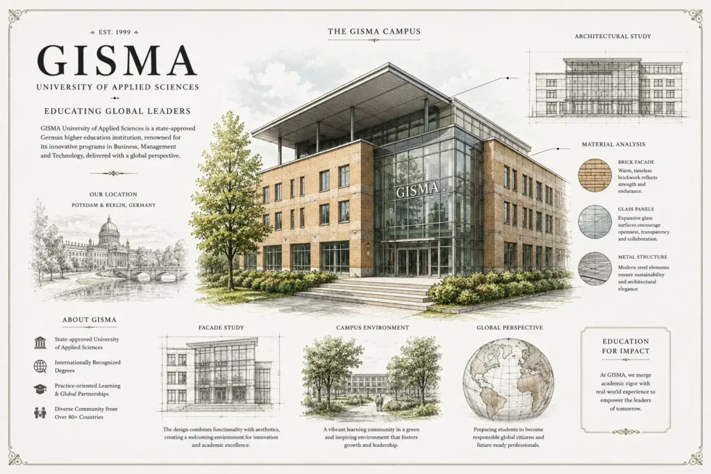 GISMA University of Applied Sciences campus in Germany with modern architecture and green surroundings