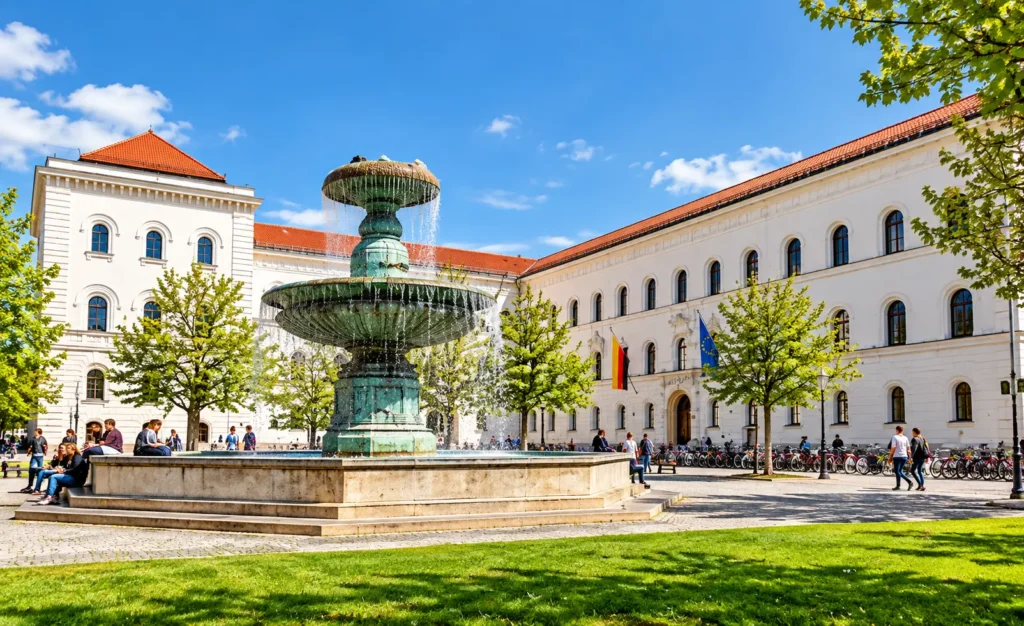 LMU Munich campus in Germany with historic university buildings, a fountain, landscaped courtyard, and students, representing LMU Munich for Indian Students.