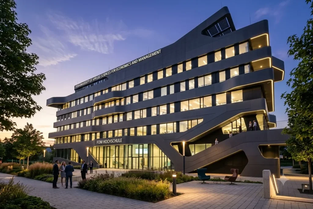 Exterior view of the modern, curved FOM University Germany building in Düsseldorf illuminated at night with students in the foreground courtyard.