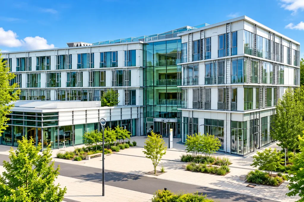 PFH University Germany campus building with a modern glass-and-white architectural design, landscaped courtyard, and contemporary university facilities.